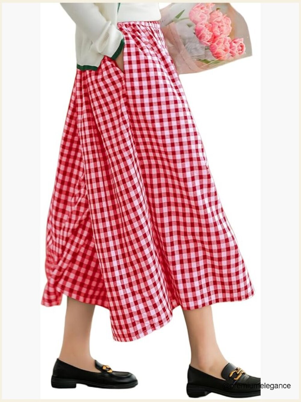 Women's Gingham Wide Leg Palazzo Culottes Elastic Waist Pockets